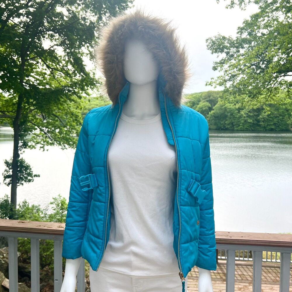 Winter Puffer Jacket with Fur Trim Hood Blue Belted Kids 10/12 Retro Y2K Kidcore